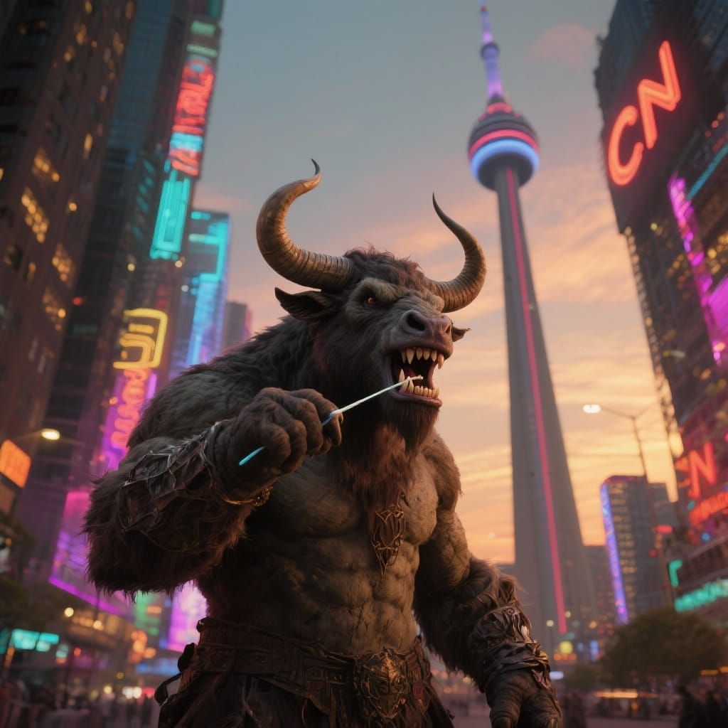 Minotaur Flossing Before CN Tower Cinematic Style
