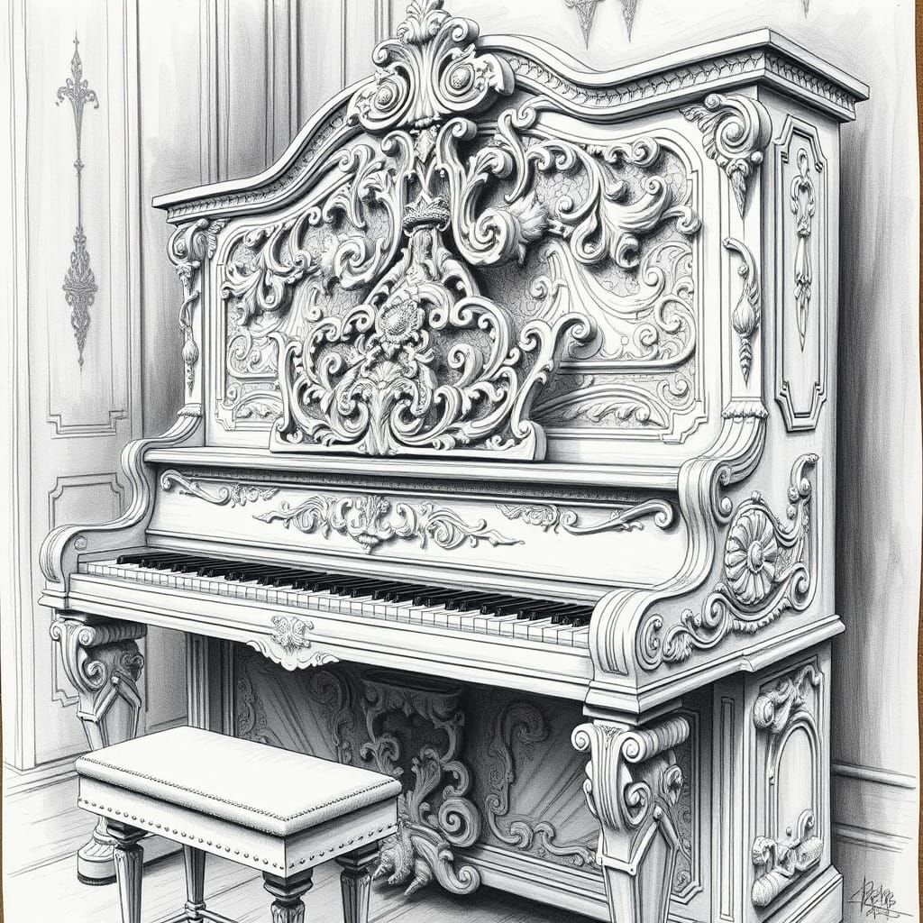 Detailed White Piano Charcoal Drawing