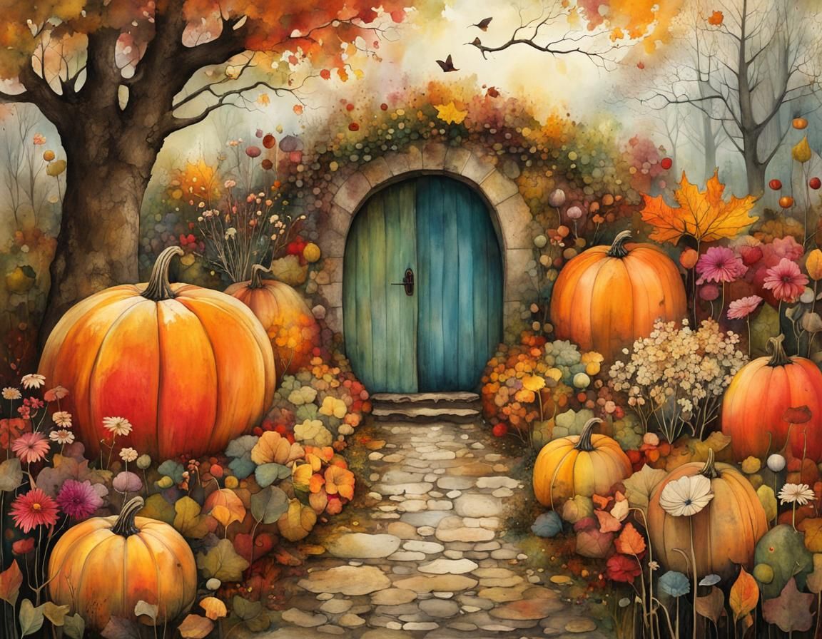 Magical Garden with Giant Autumn Flowers Illustration