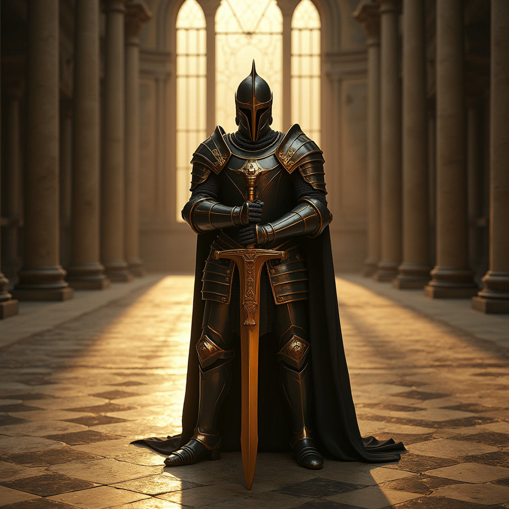 Majestic Knight in Obsidian and Gold Armor