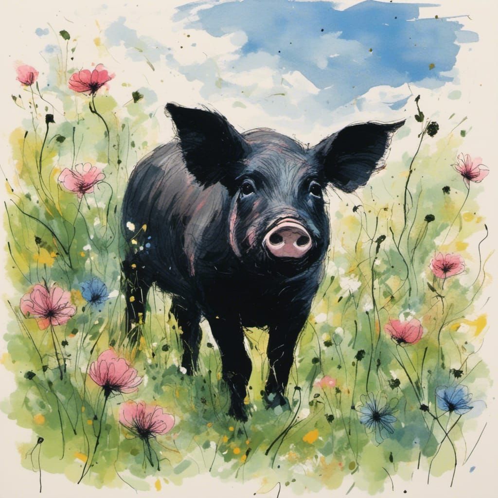 Black Piglet in Flower Garden: Charcoal and Gouache