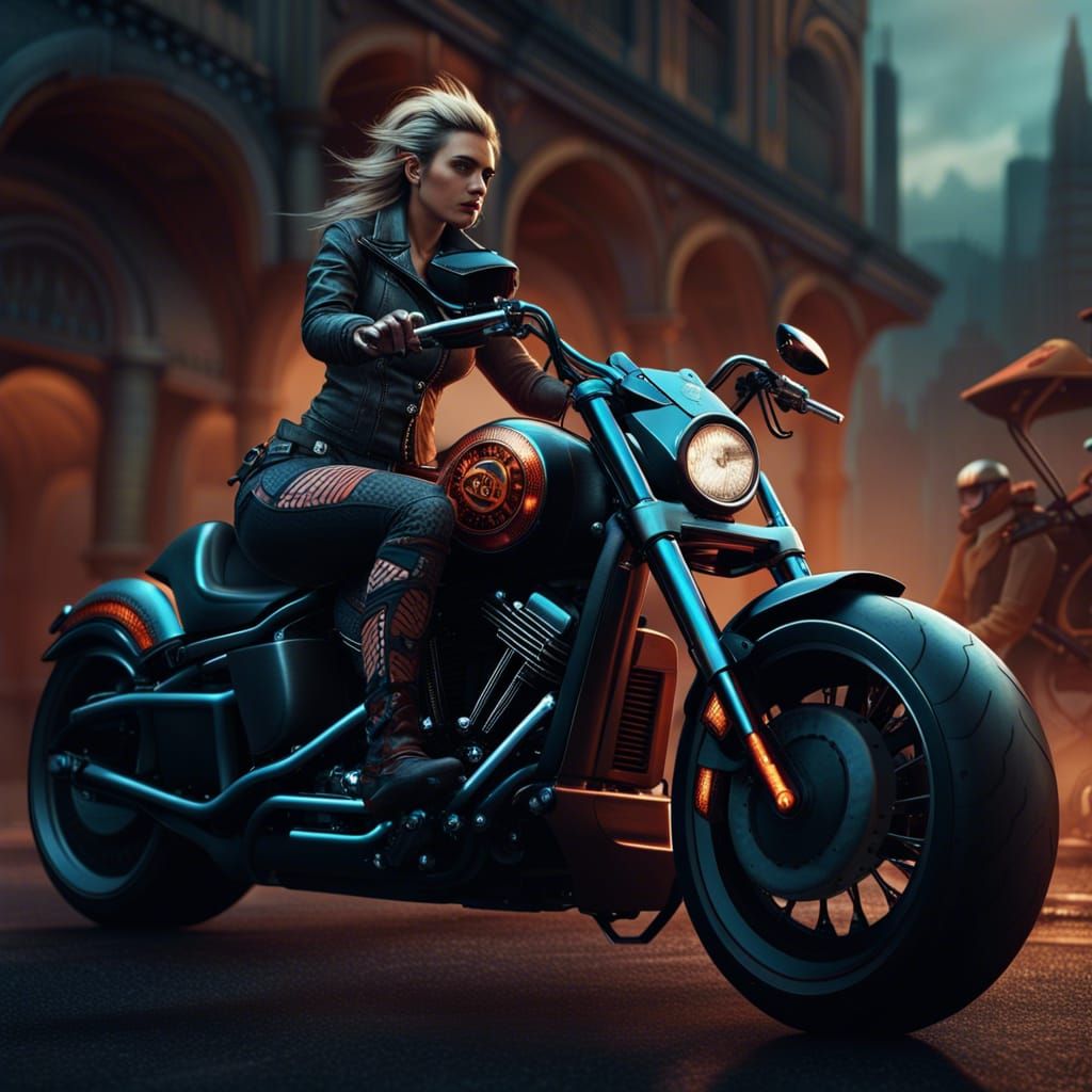 Harley Davidson Motorcycle with Female Biker