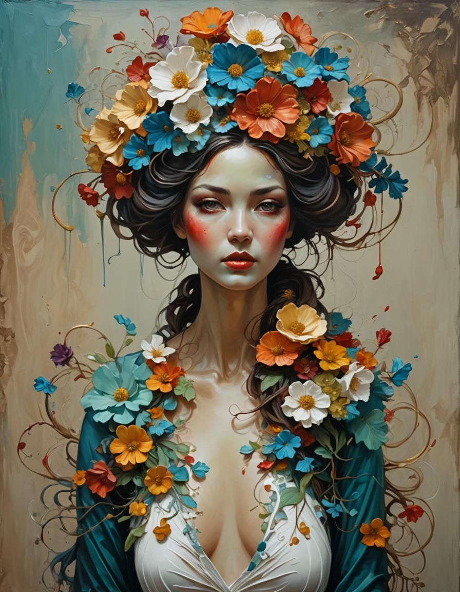 Floral Woman: Art Nouveau Impasto Portrait
