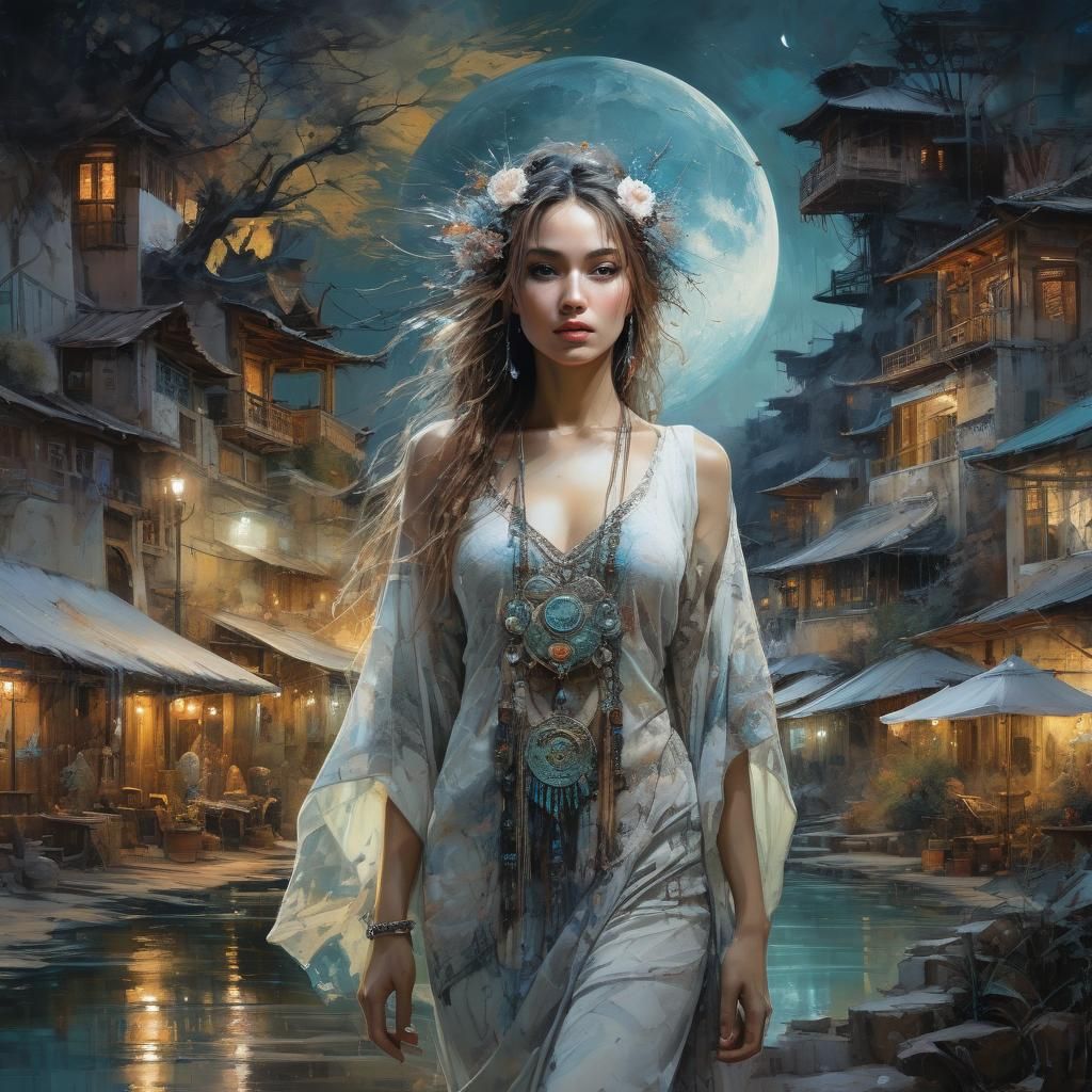 Ethereal Moon Goddess in Mystical Oriental Village