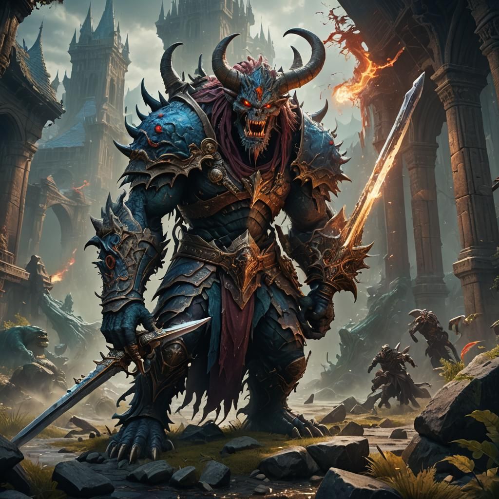 Fantastical Monster with Sword in Detailed Matte Painting