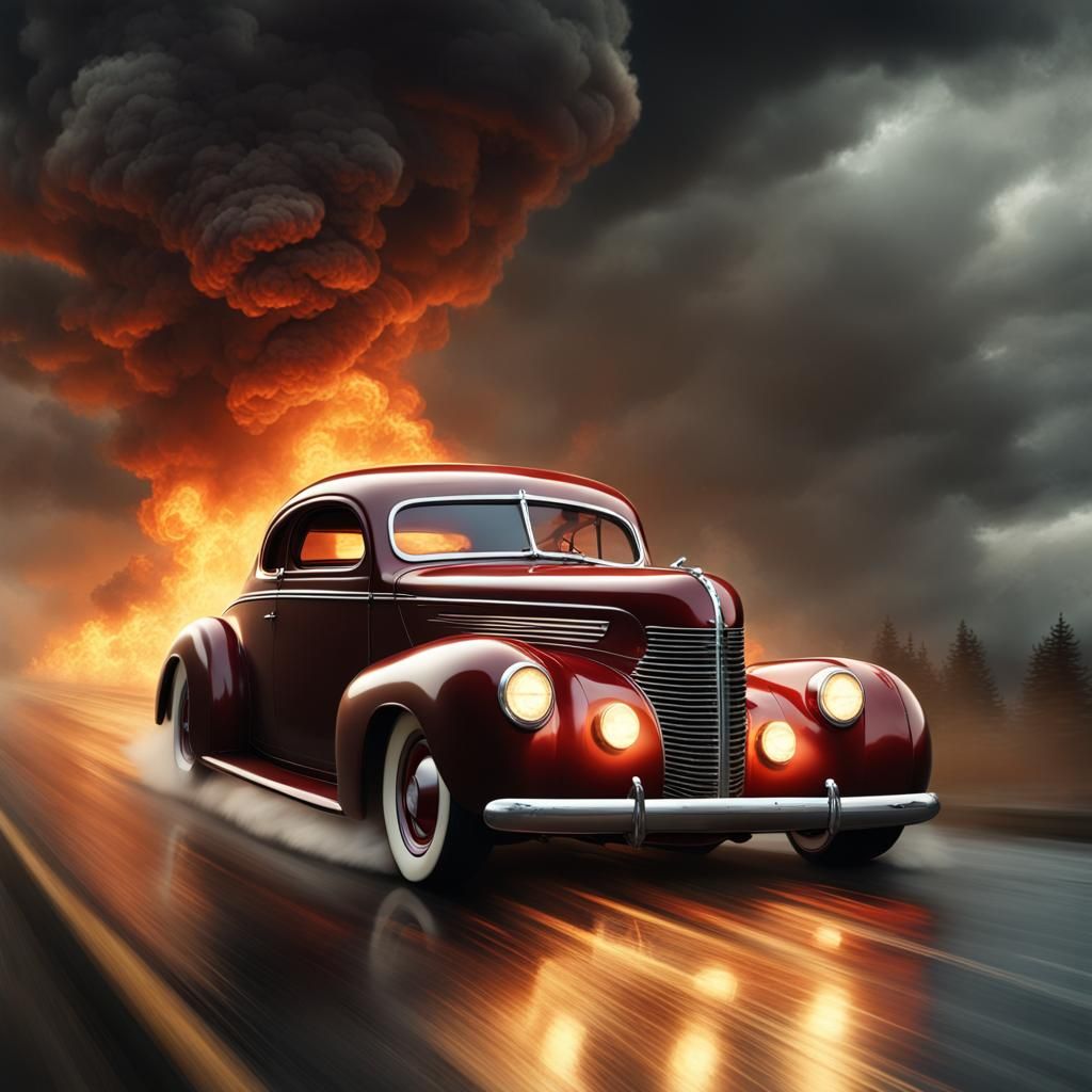 1940s Hot Rod Races Through Stormy Landscape