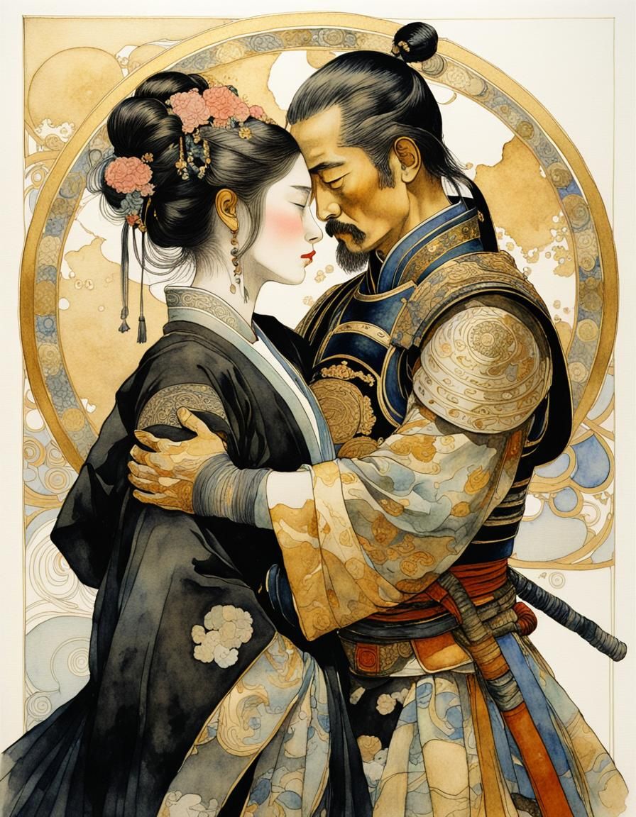 Noblewoman Embracing Samurai in Art Nouveau Style