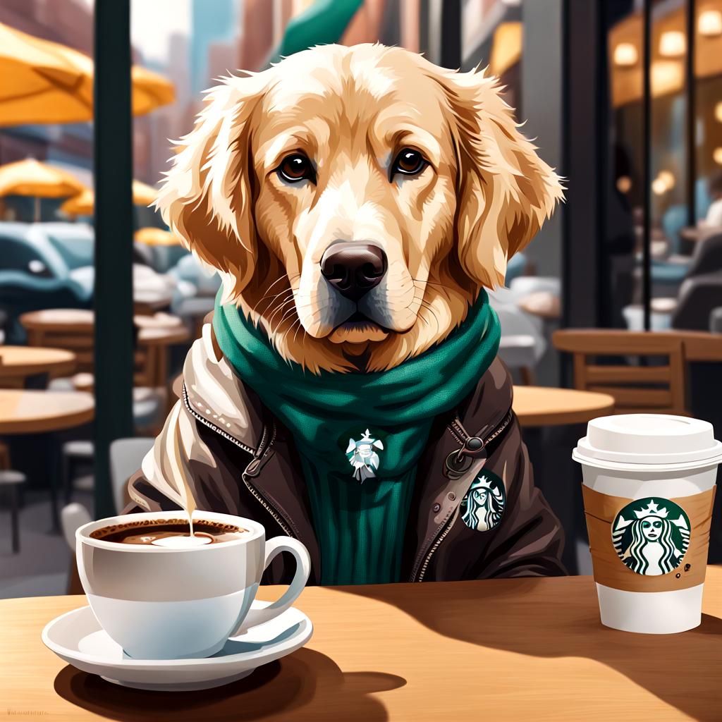 Dog Enjoying Coffee at Starbucks: Hyperrealistic Art