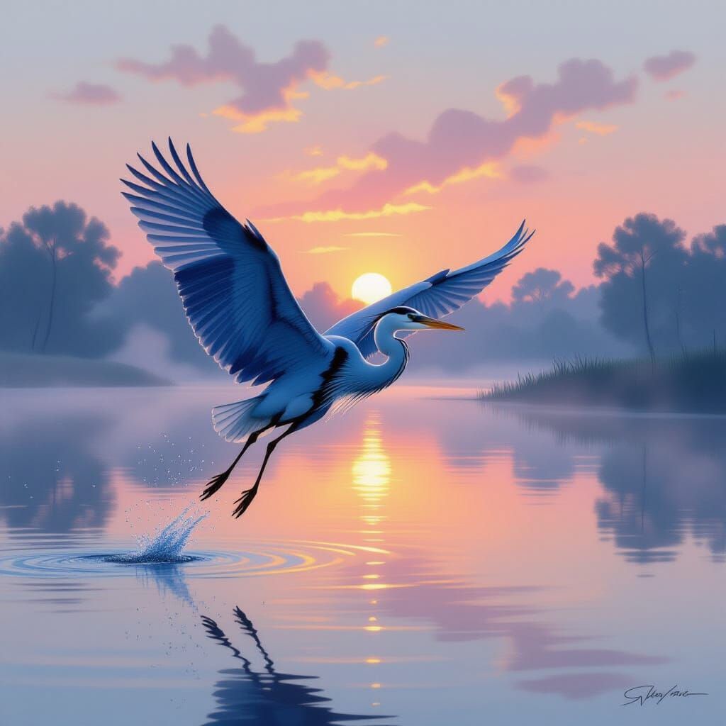 Heron Takes Flight Over Misty Lake at Dawn