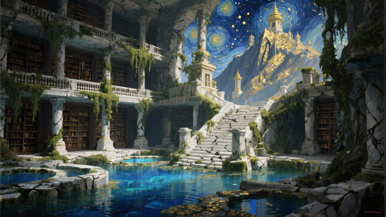 Ethereal Library Temple with Blue Lagoon, Oil Painting Style