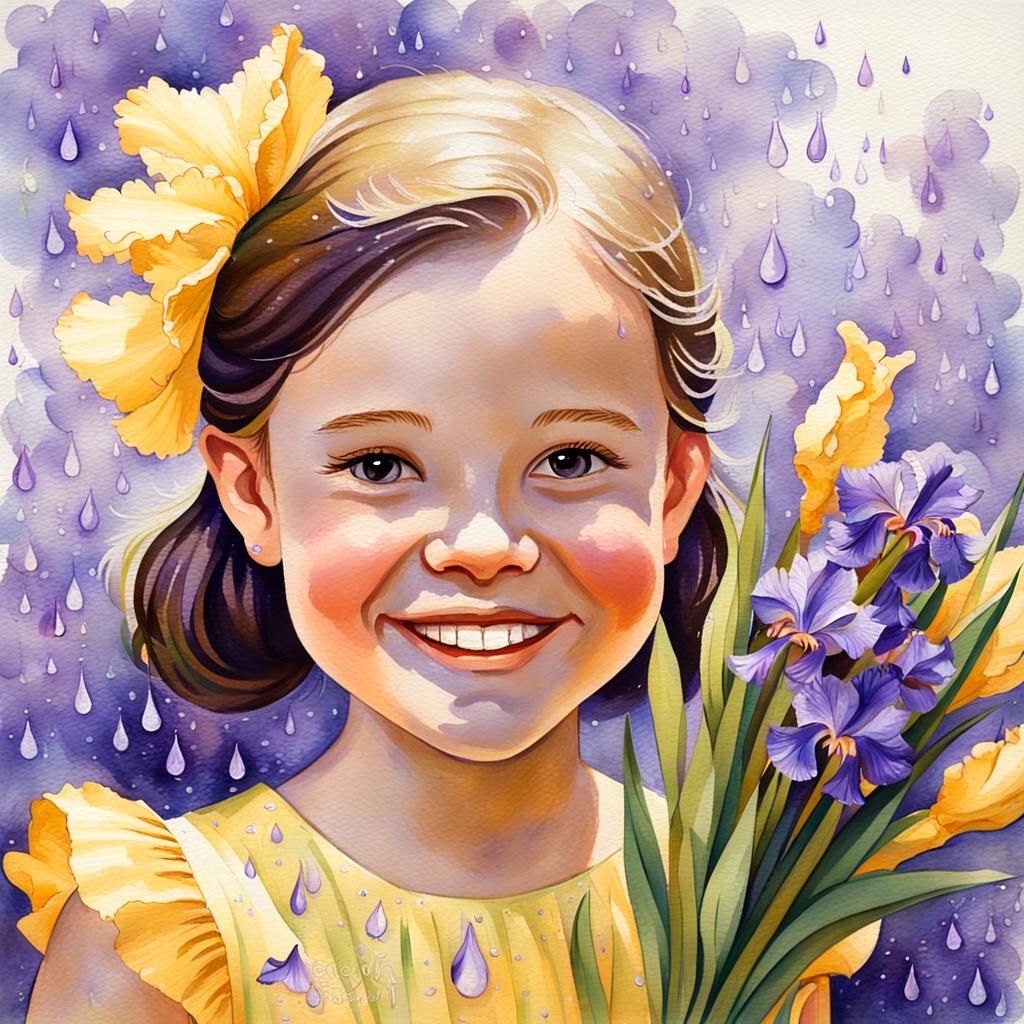 Smiling Girl with Violet Bouquet in Folk Art Style