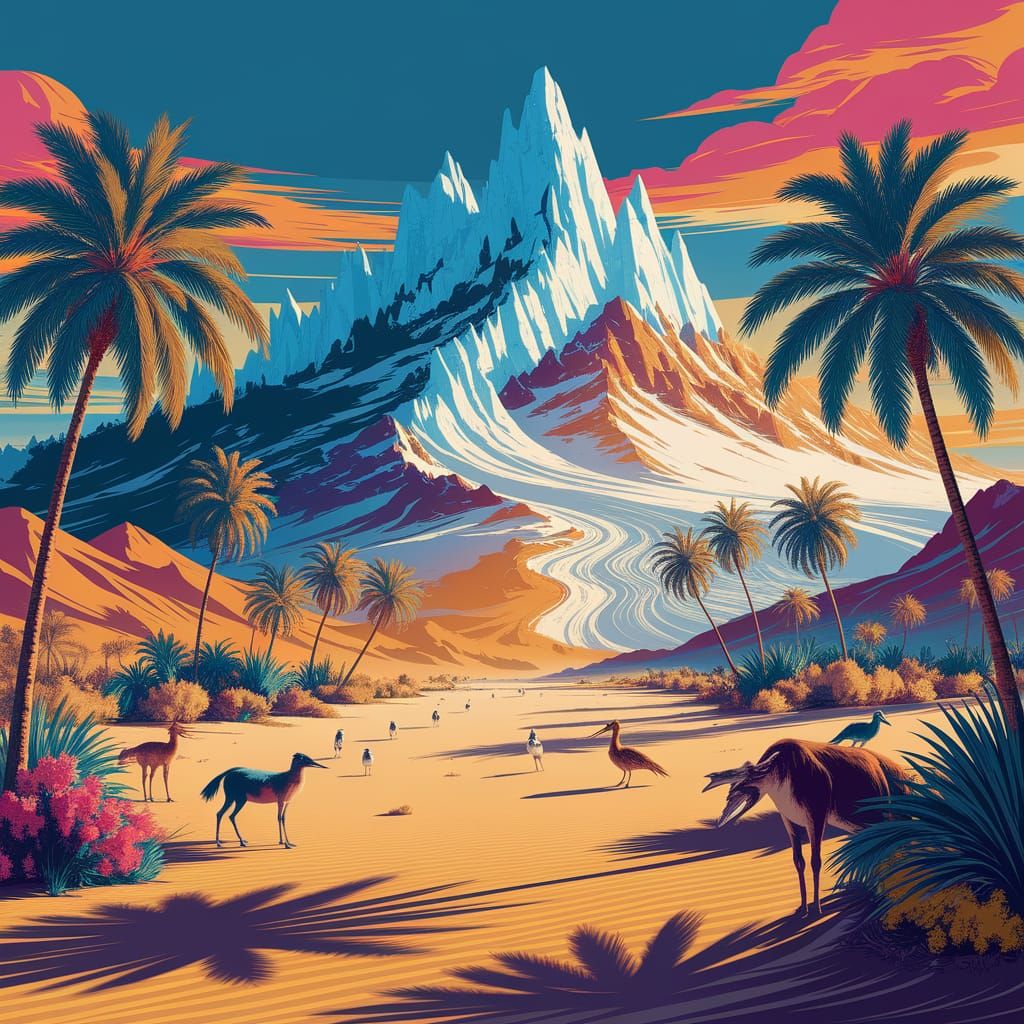 Desert Oasis with Glacier Mountain: Digital Art