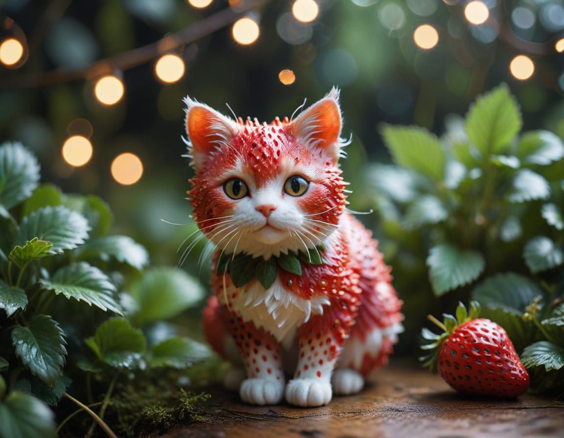 Whimsical Strawberry Cat with Enchanted Leafy Ears