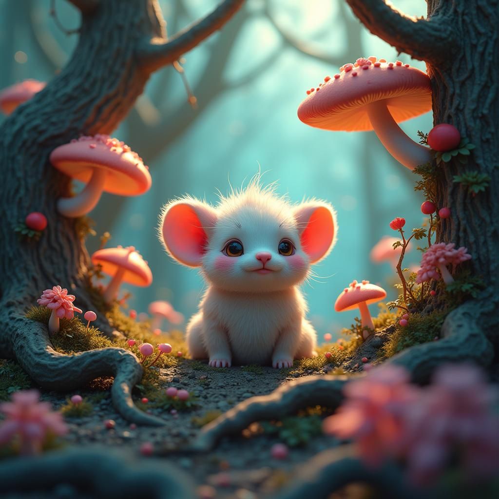 Fluffy Creature in Glowing Forest: Fantasy Concept Art