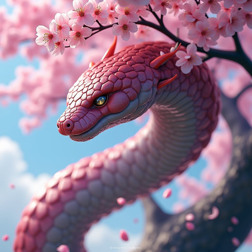 Jörmungandr slithers around a cherry blossom tree