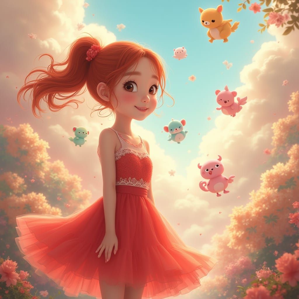 Pastel Zoo Scene with Red-Haired Woman, Dreamy Style