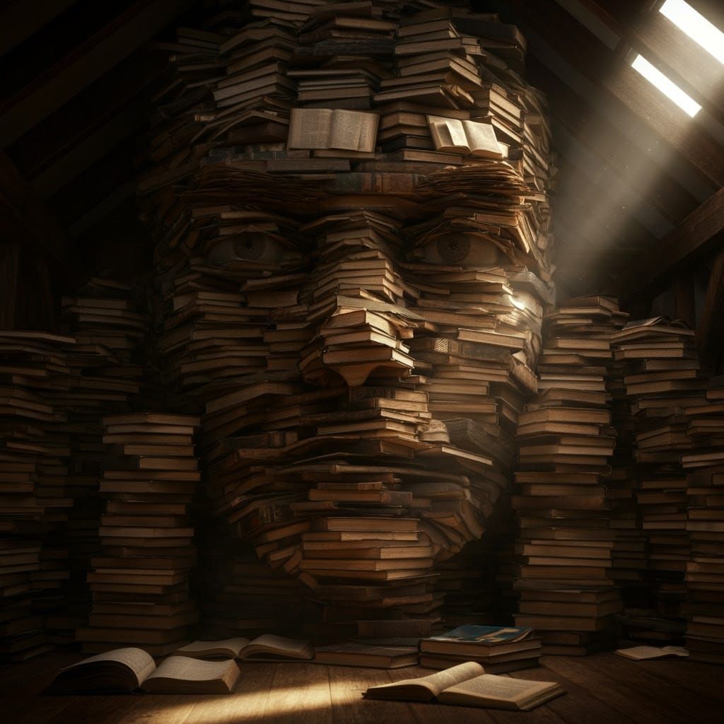 Worn Leather-Bound Books Form a Brooding Face in a Labyrinth...