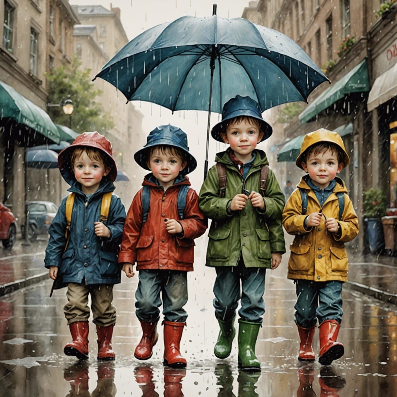 Whimsical Watercolor: Five Boys Playing in Rain