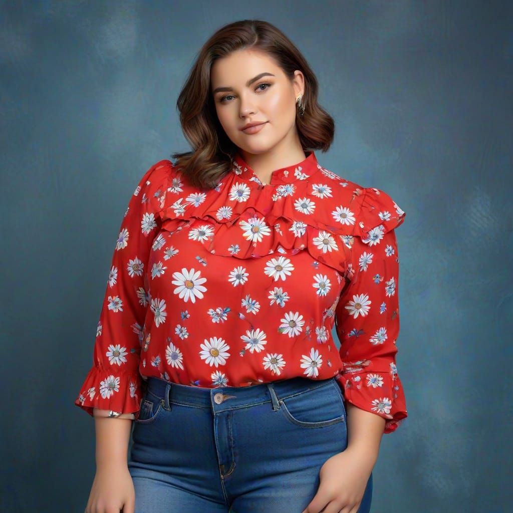 Stunning Plus-Sized Woman in Ruffled Blouse and Daisy Motif