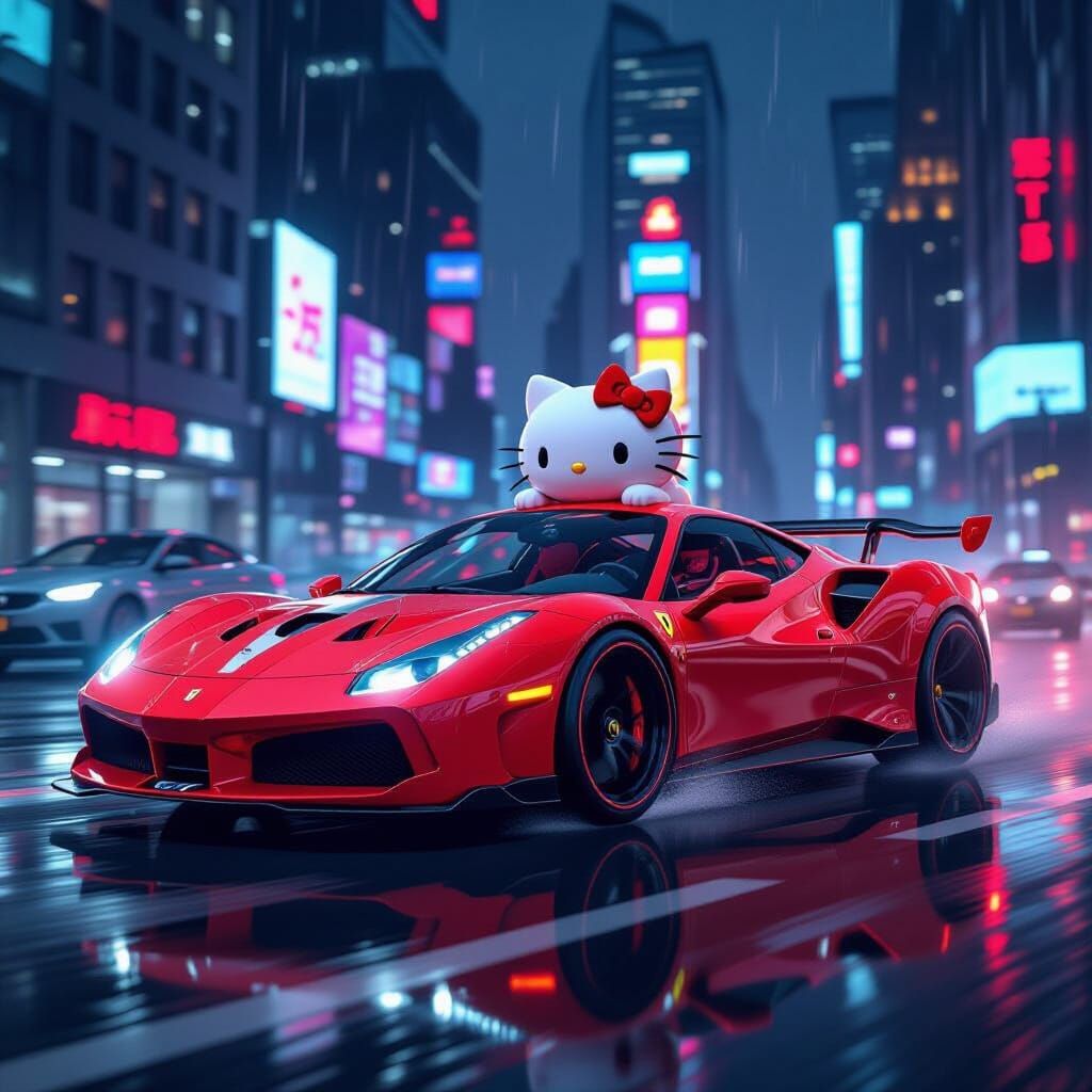 Hello Kitty Sports Car Races Through Cyberpunk NYC