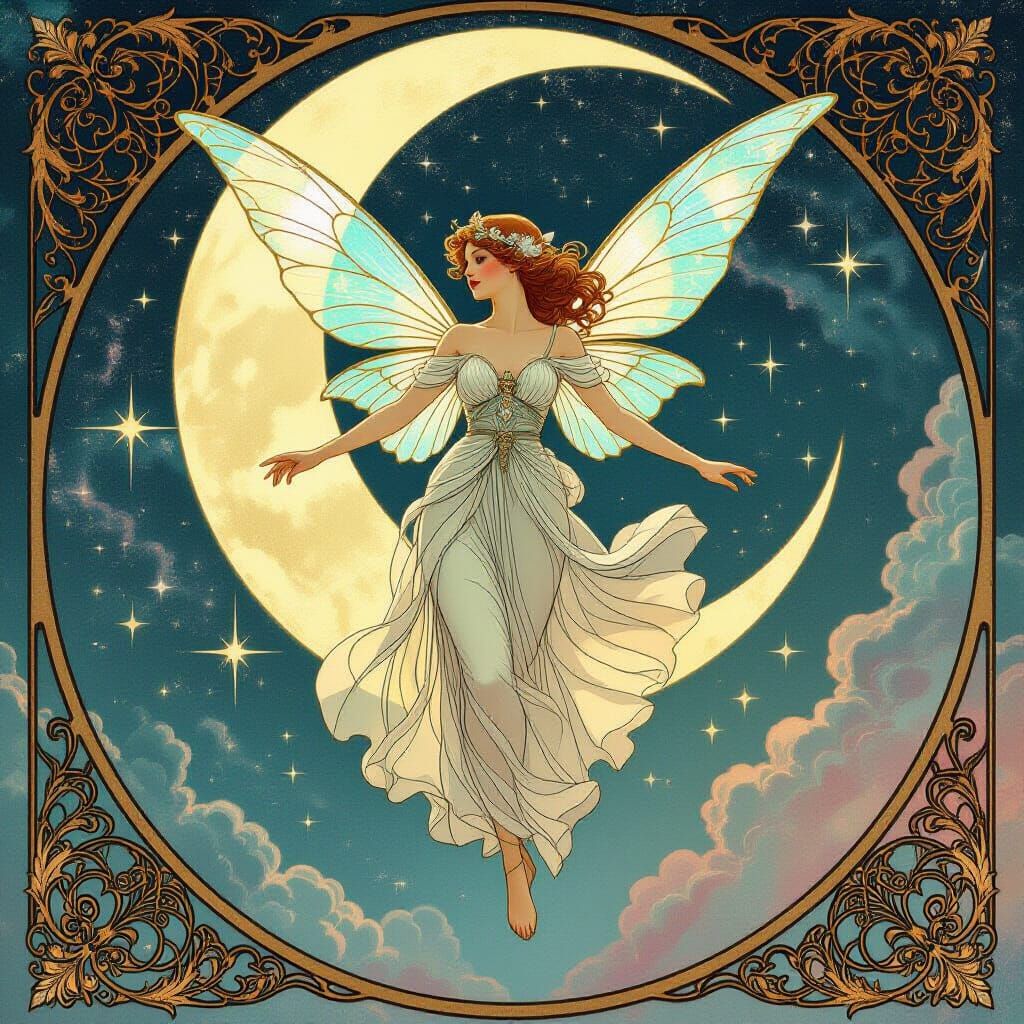 Glass Fairy Dances on Moonbeam in Art Nouveau Style