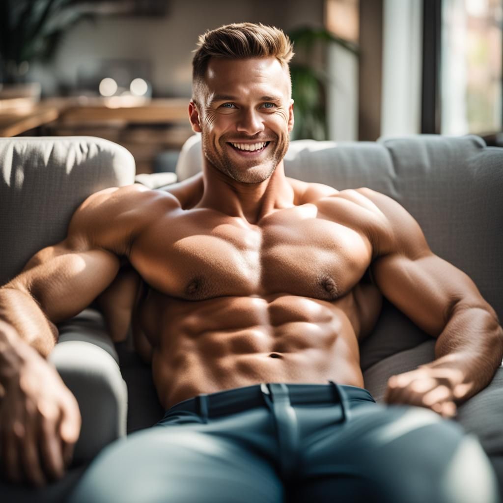 Smiling Man Relaxing on Sofa: Professional Photography