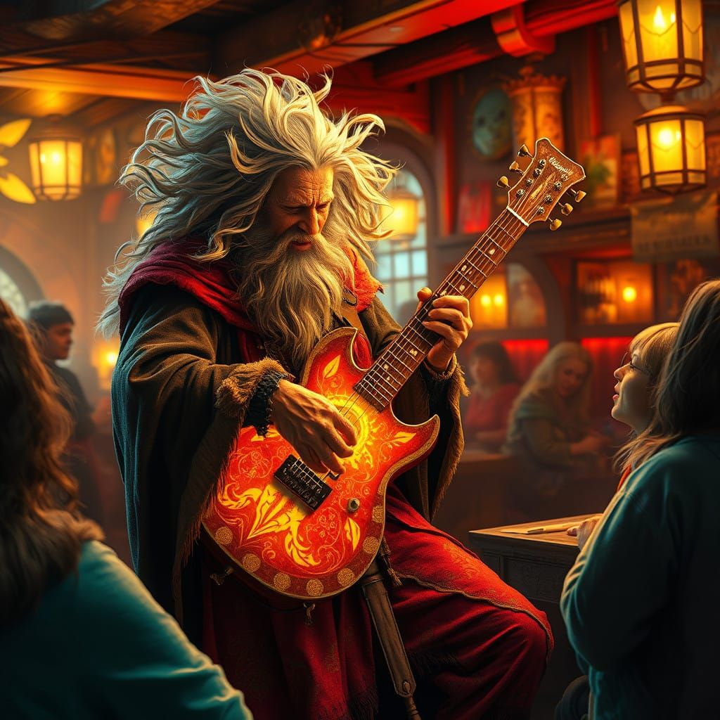 Ethereal Bard Performs in a Vibrant, Mystical Tavern