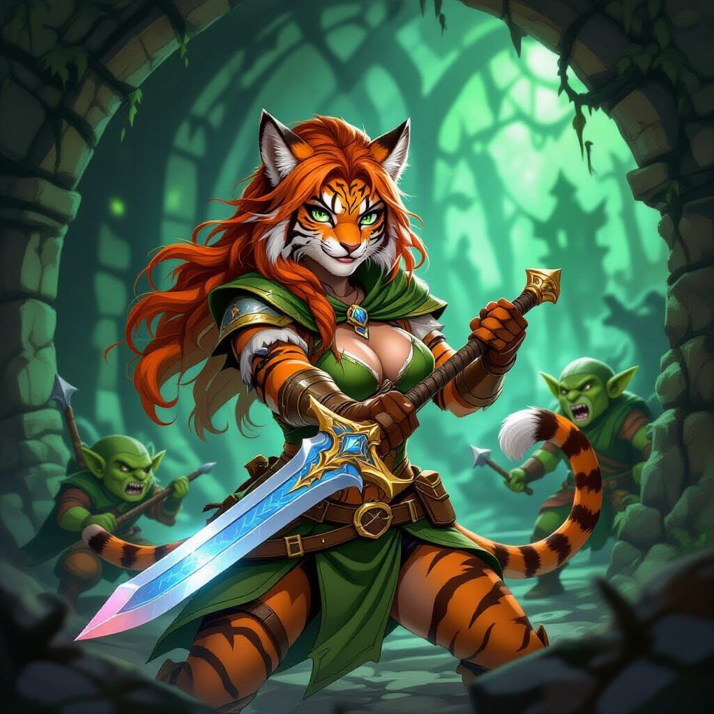 Were-Tiger Woman Fights Goblins in Dungeon
