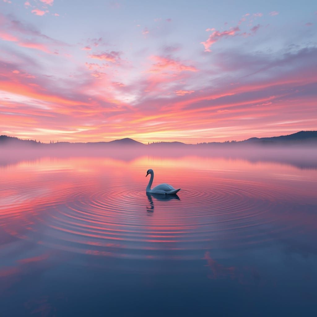 Surreal Sunrise Landscape Reflects Tranquil Lake at Dawn