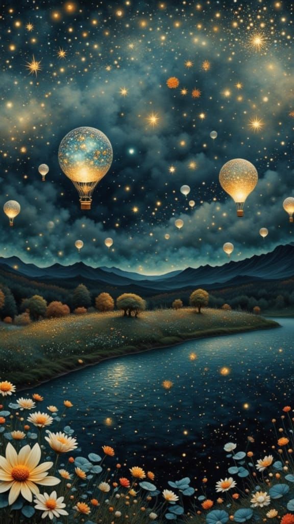 Ethereal Hot Air Balloon in Night Sky