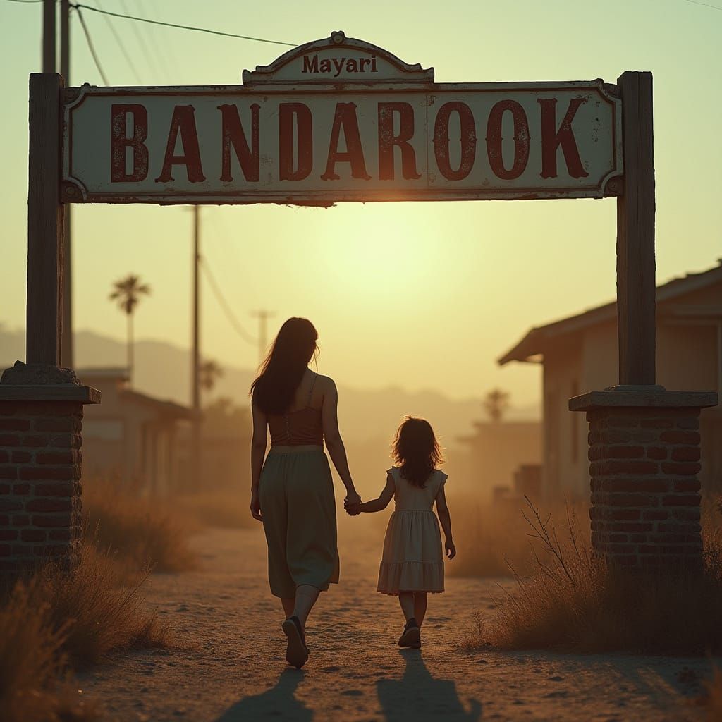Mother and Daughter Walking Towards the Bandarook Sign