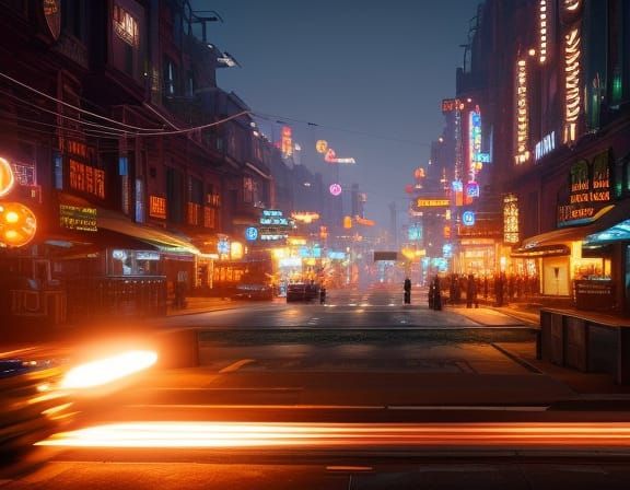 Dieselpunk Streetscape at Nightfall in Film Noir Style