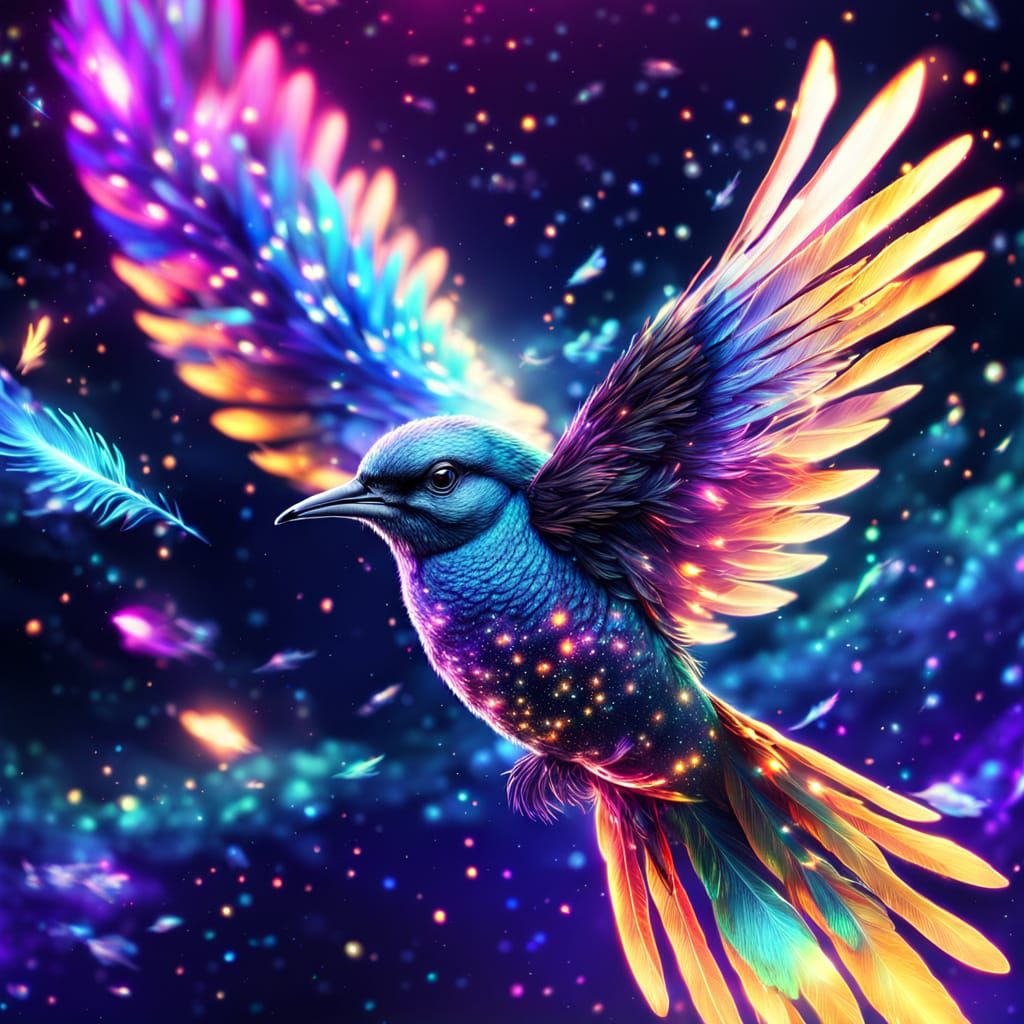 Cosmic Birds Fly in Surreal Iridescent Space