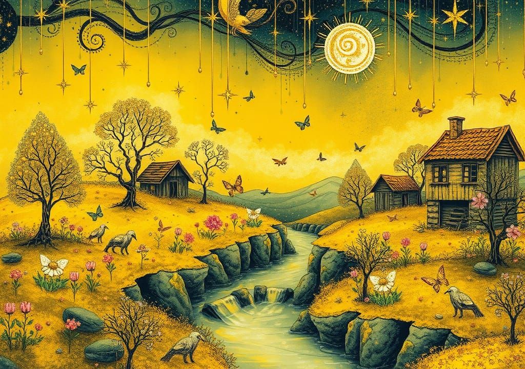 Surreal Fairy Wonderland in Yellow Alcohol Ink