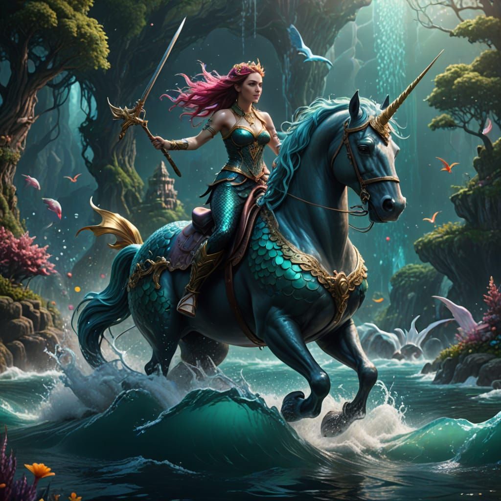 Fantastical Mermaid Rides Unicorn in Vibrant, Detailed Scene