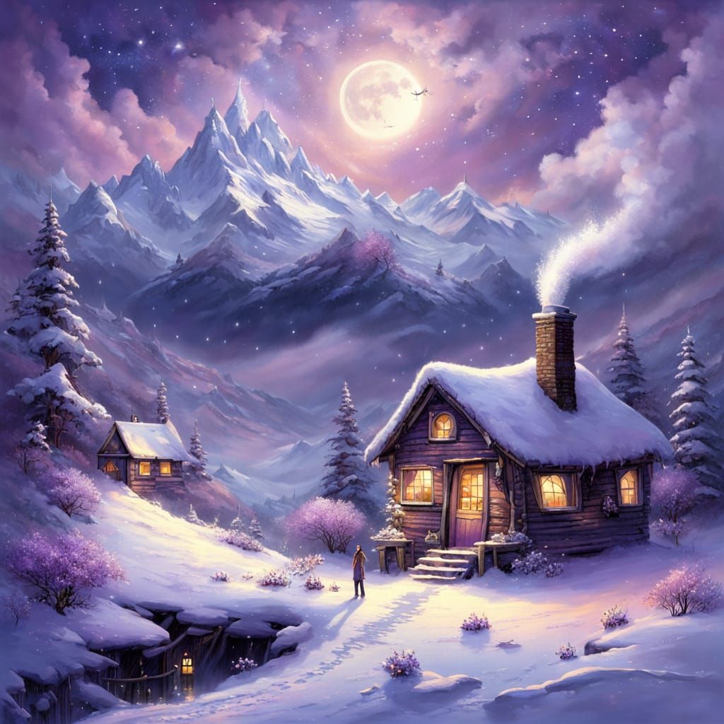 Dreamy Winter Night Cabin Under Crescent Moon