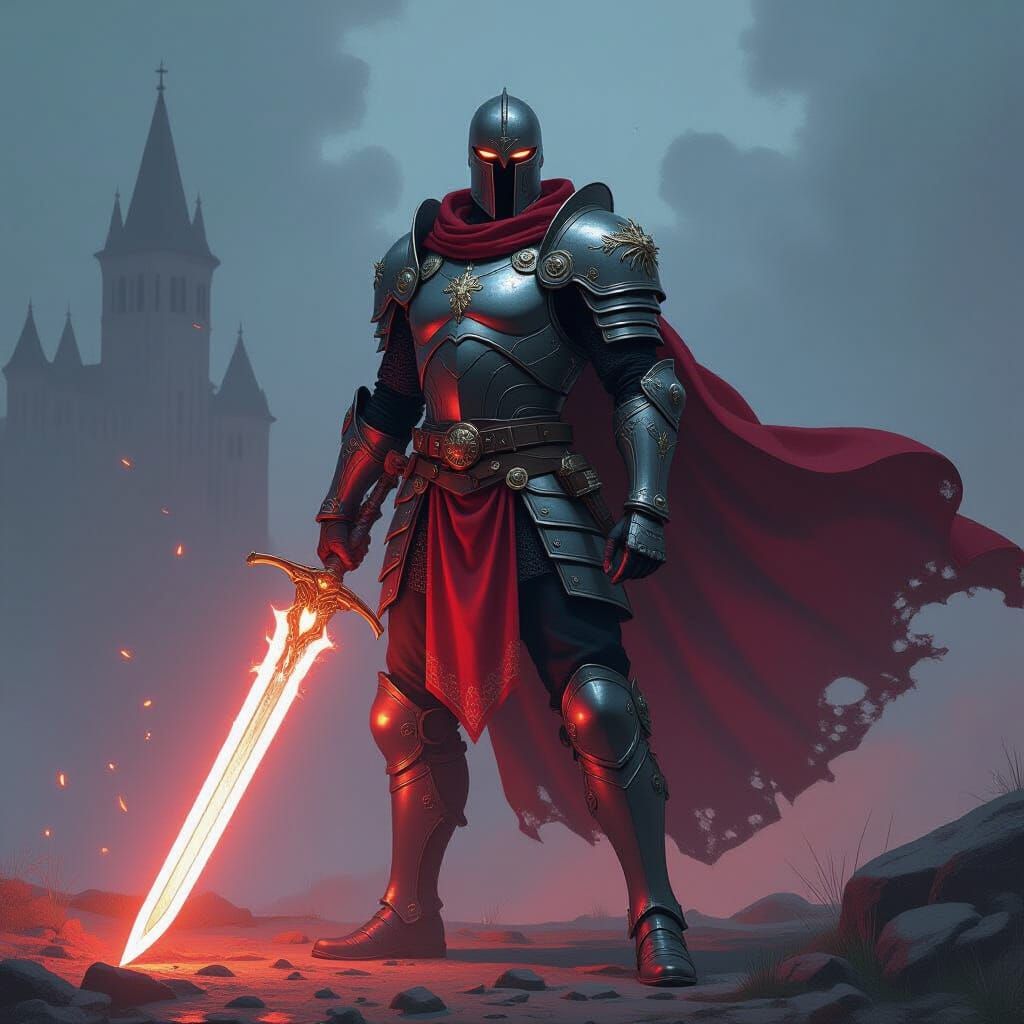 Heroic Figure with Glowing Sword in Ethereal Light