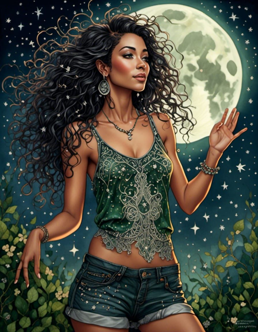 Auburn-Haired Woman Under Moonlight