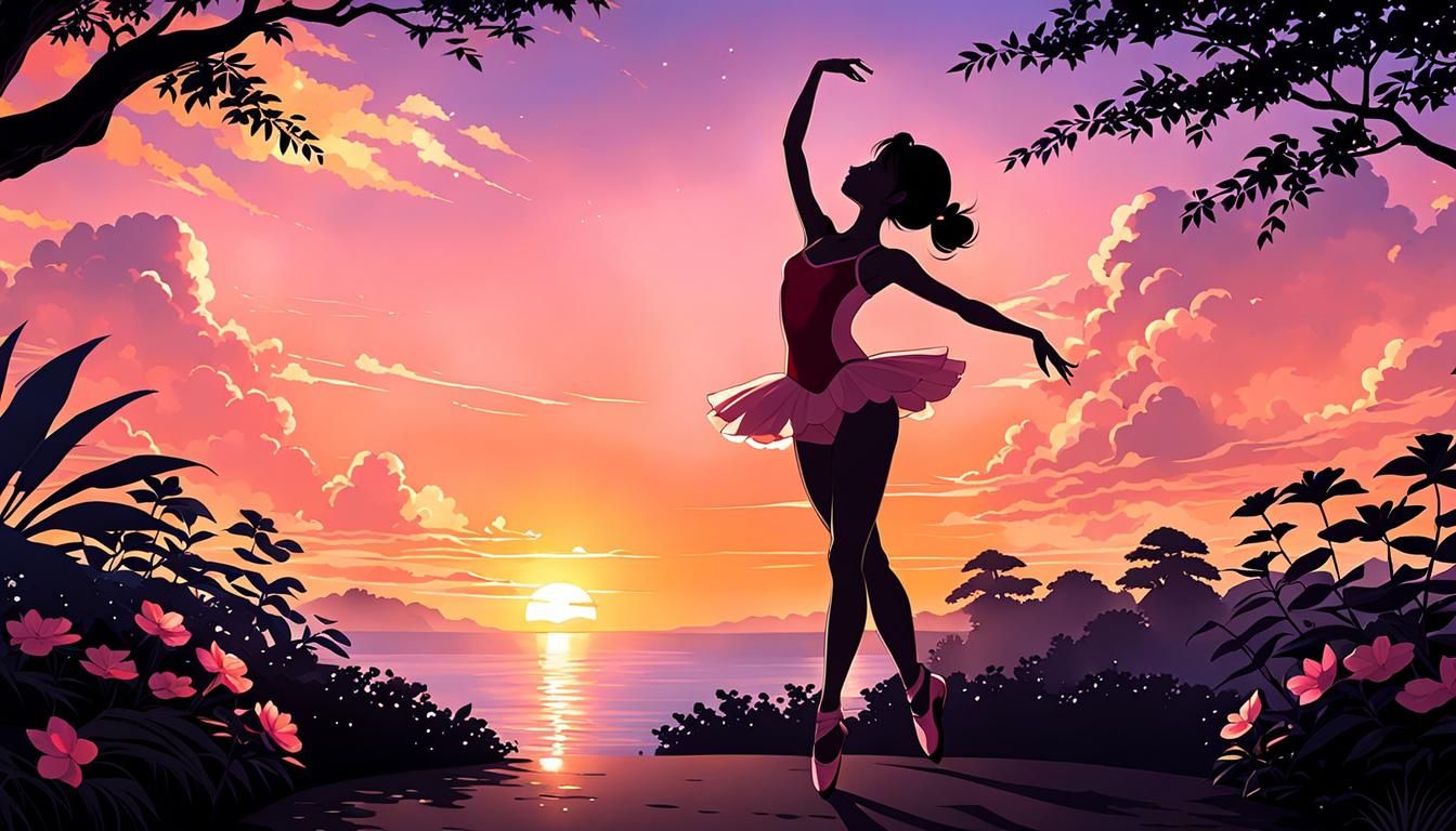 Ballerina Silhouette Dancing in Secret Garden Sunset
