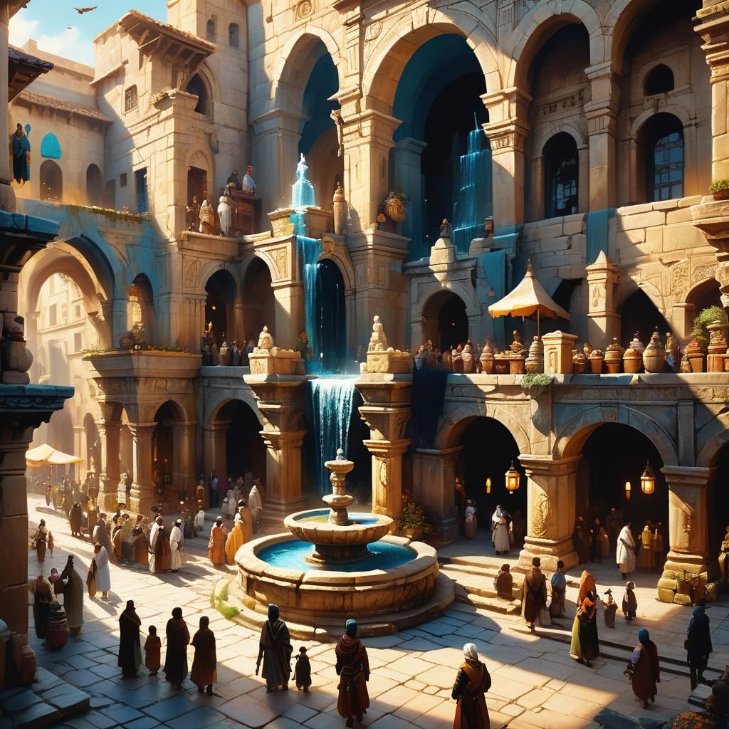 Bustling Ancient Marketplace in Oil Painting Style