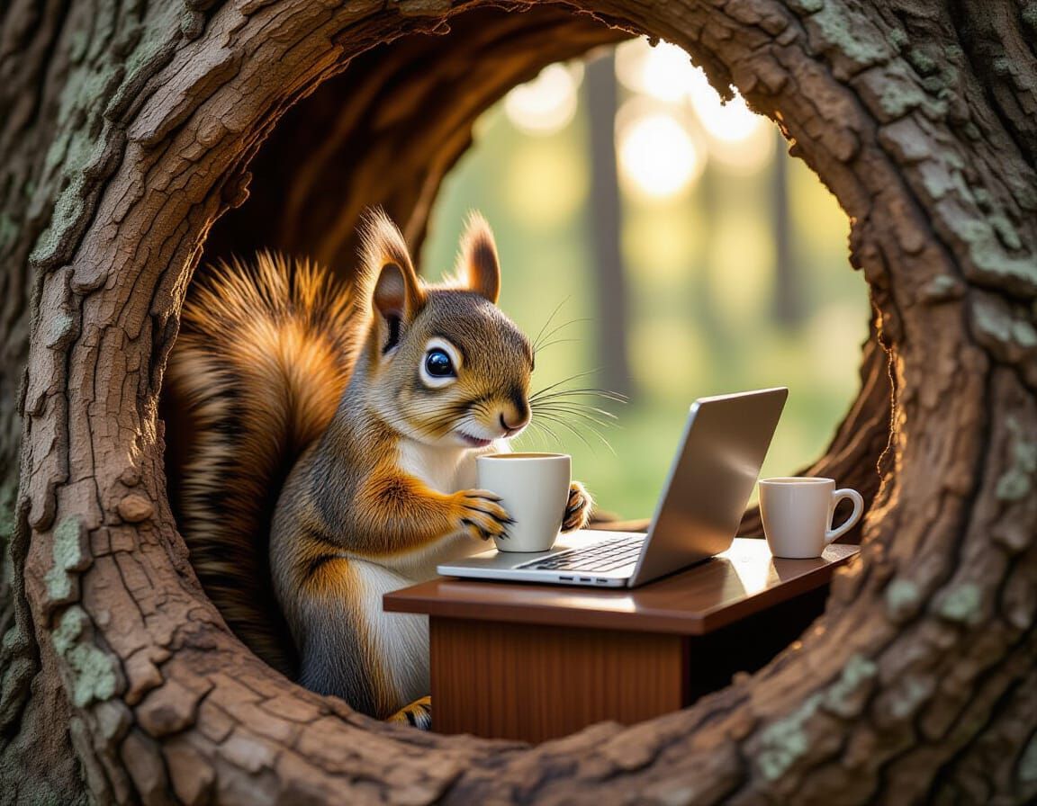 Tired Squirrel Working at Tiny Desk Macro Photo