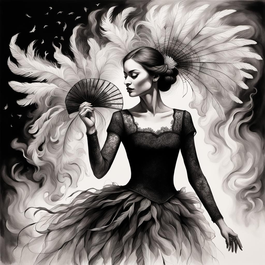 Smoky Dancer in Feathers: Fine Ink Painting