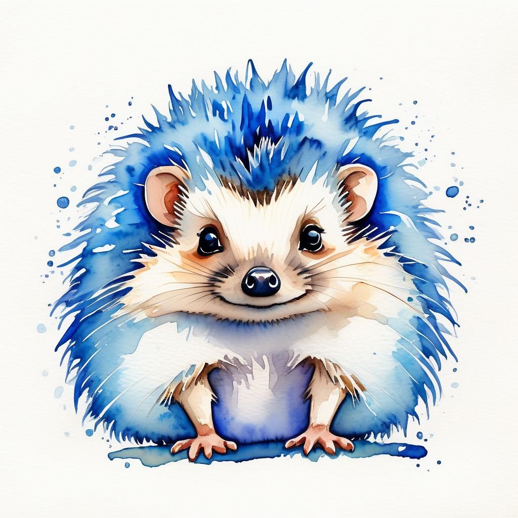 Blue Permed Hedgehog in Watercolors