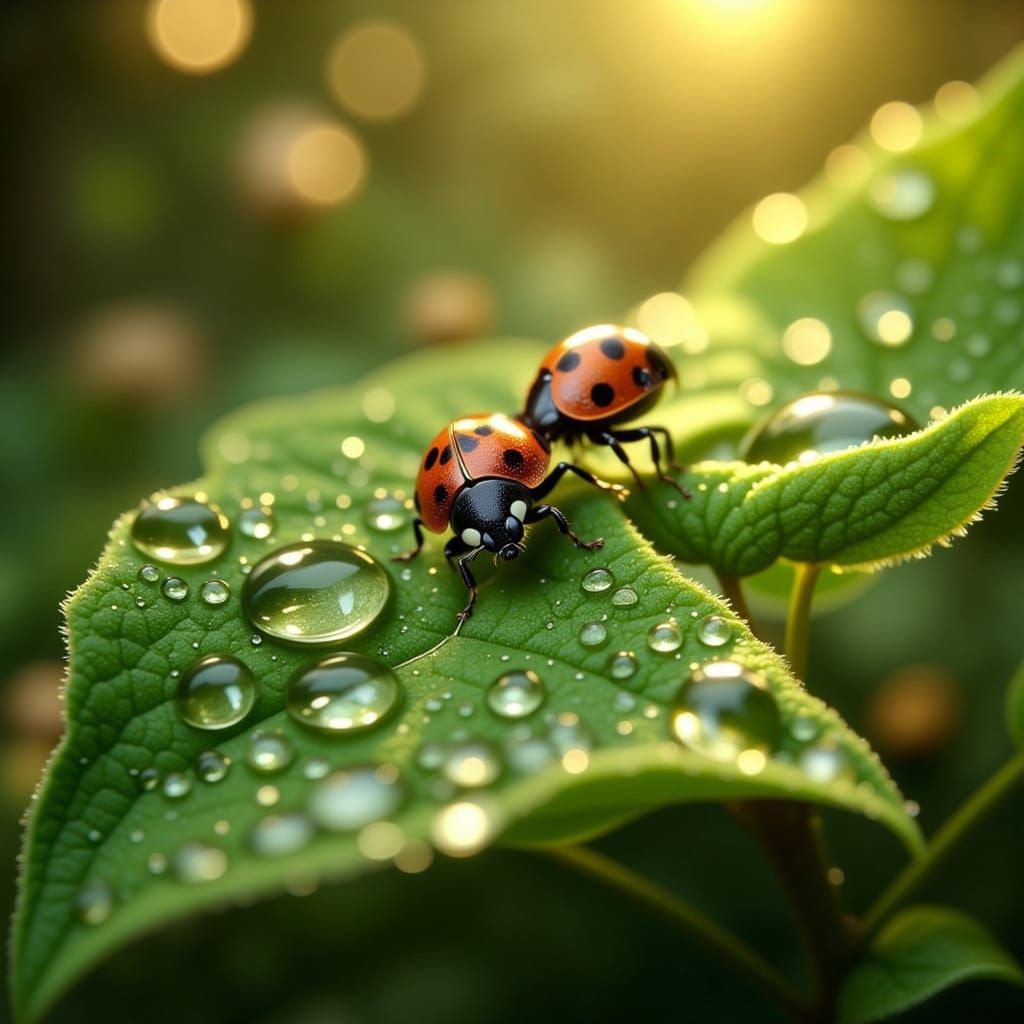 Brave Ladybug's Dewy Leaf Journey in Macro Style