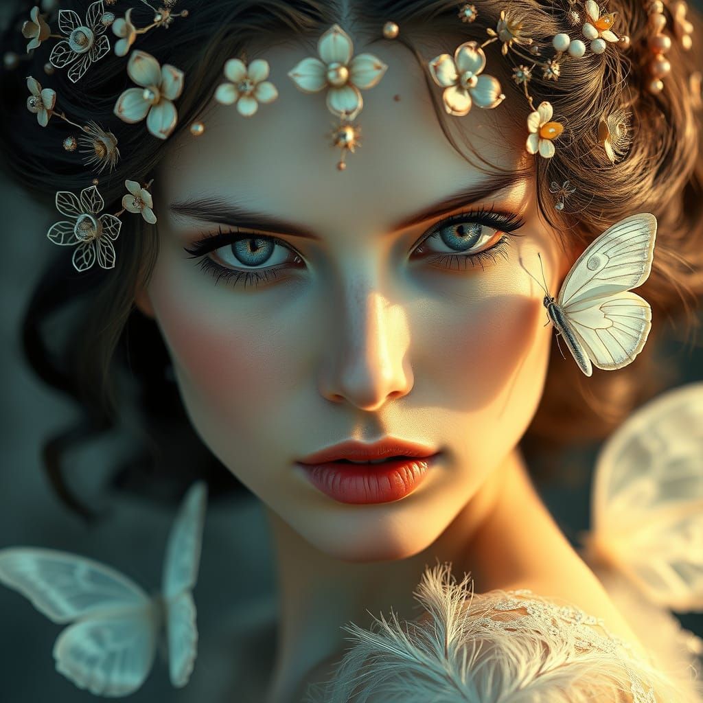 Ethereal Woman with Icy Blue Eyes and Radiant Glow