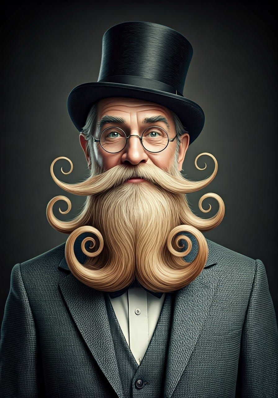 Whimsical Portrait of Smiling Man with Curled Beard