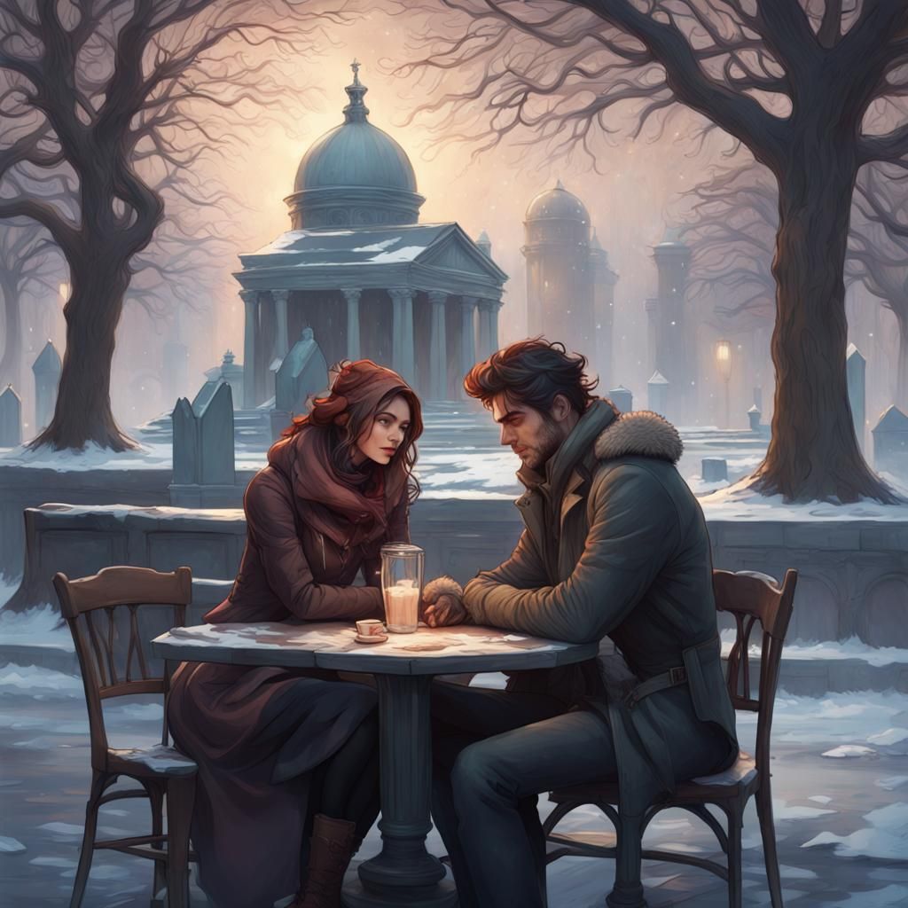 Couple in Winter Cafe: Detailed Concept Art Portrait