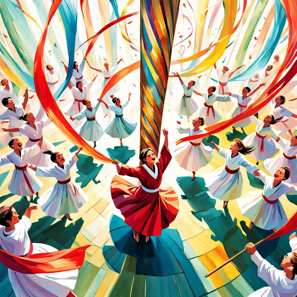 Joyful Dancers Celebrate Around a Colorful Maypole in Impres...