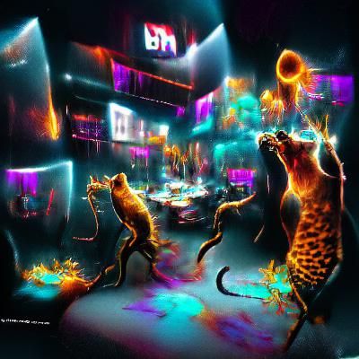 a jazz nightclub with bright lights and cat hominoids dancin...