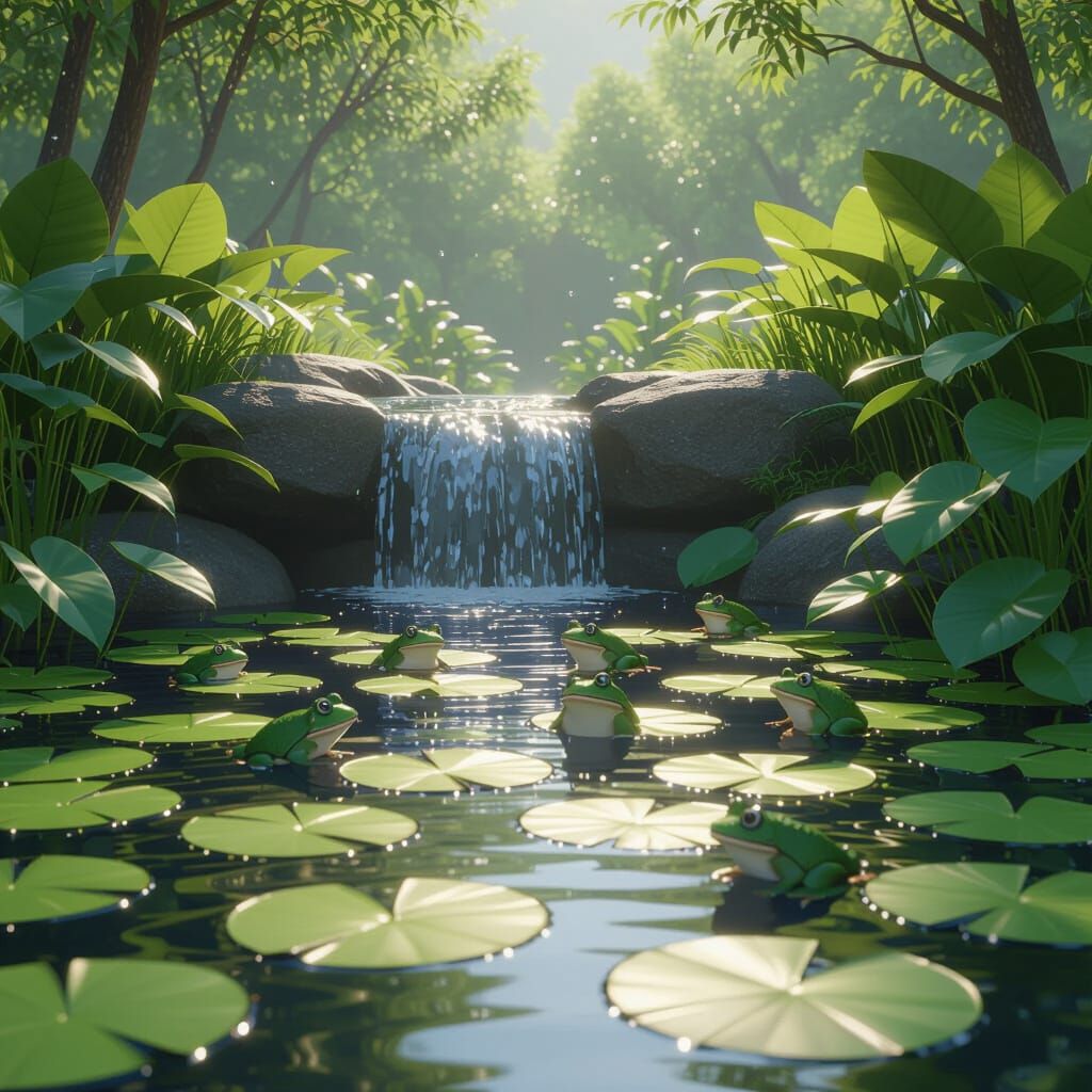 Serene Pond with Frogs and Waterfall in 3D Anime Style